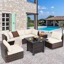 COSTWAY 7 Piece Patio Furniture Set with 32'' Fire Pit Table, Outdoor Wicker Rattan Sectional Sofa Set with 4'' Thickened Cushions, Side Coffee Table for Poolside Backyard (Off White)