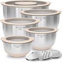 Mixing Bowles Set with Lids Set - Warp-Proof TPR-AS Lids, Stainless Steel Mixing Bowl with 3 Graters & Measuring Lines, Non-Slip Bowls for Baking, Prep, Airtight Food Storage (Khaki 5/3/2/1.5/0.63QT)