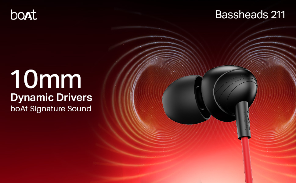 boAt Bassheads 211 Wired Earphones with 10mm Drivers, Signature Sound, in-Line Microphone, 3.5mm Jack, Voice Assistant & 120cm Cables (Raging Black)