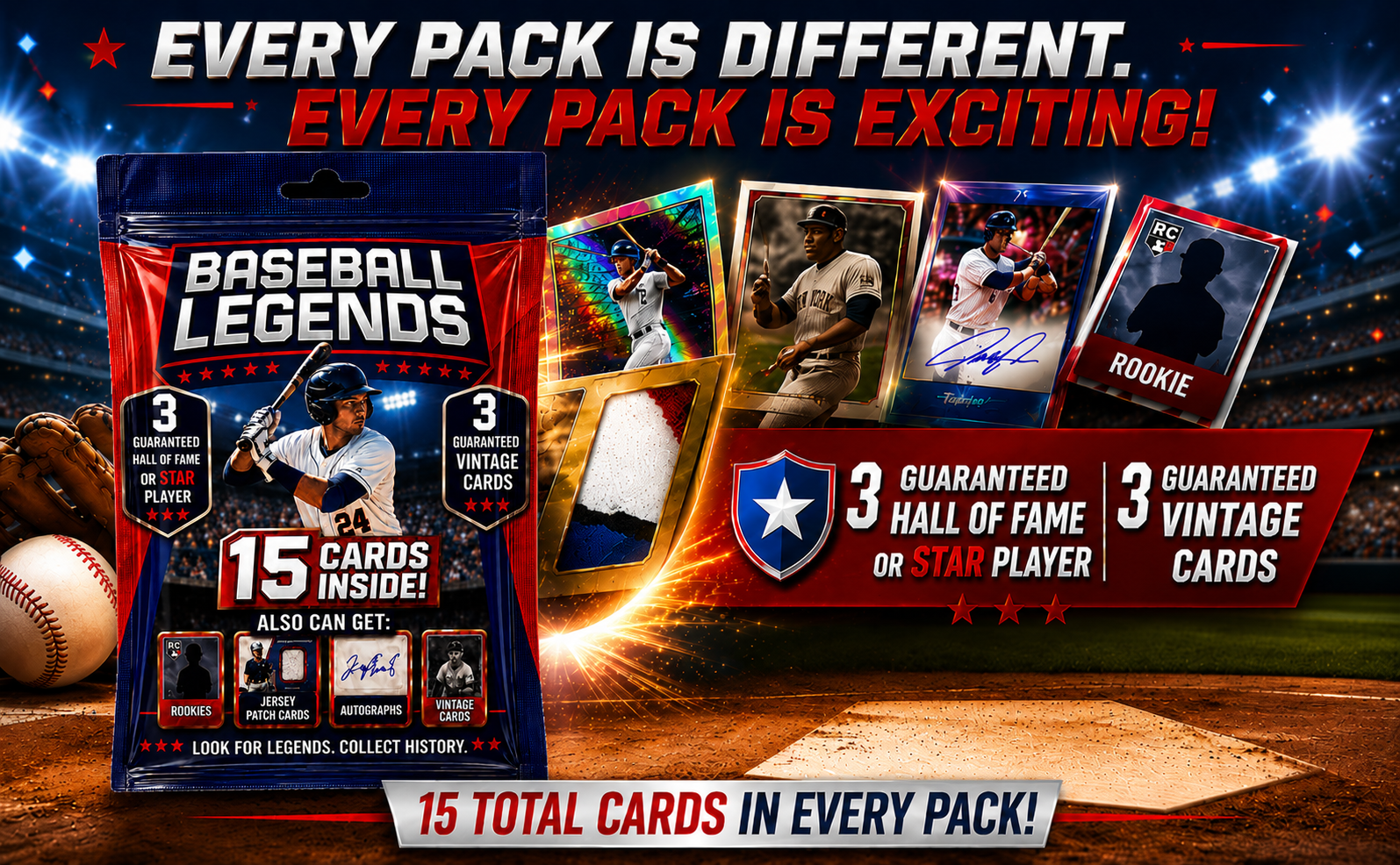 Baseball Card Legends Pack – 15 Cards Inside | 3 Guaranteed Stars or Hall of Famers + 3 Vintage Cards | Possible Rookies, Autographs, Jersey Patch & Insert Cards for Collectors