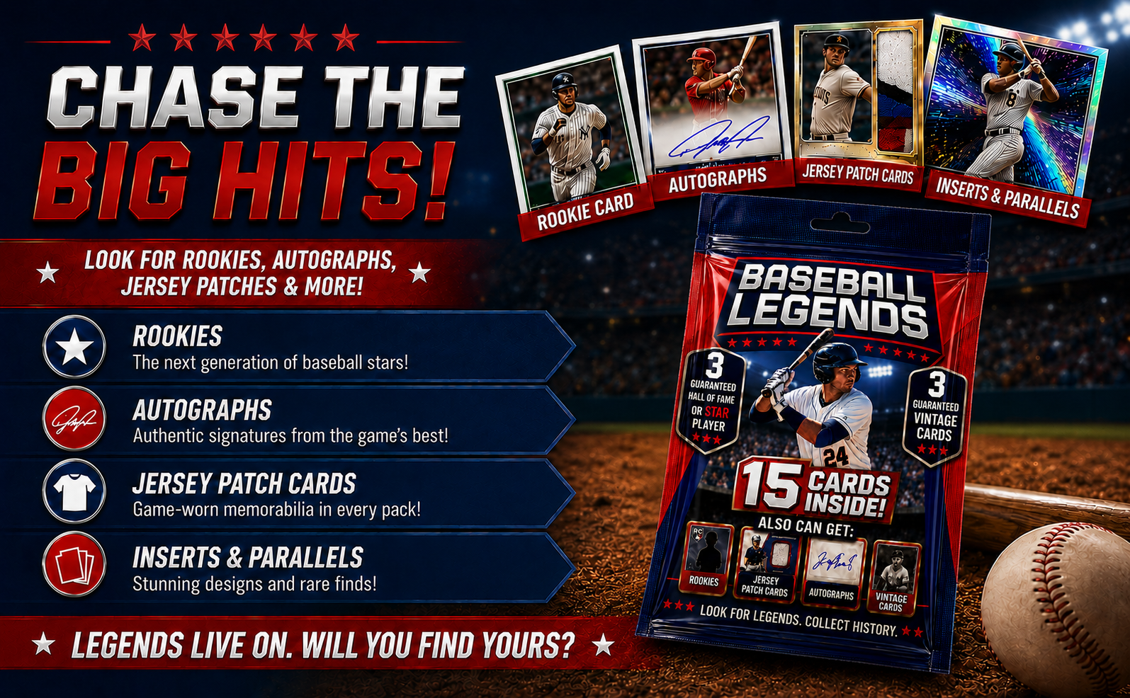 Baseball Card Legends Pack – 15 Cards Inside | 3 Guaranteed Stars or Hall of Famers + 3 Vintage Cards | Possible Rookies, Autographs, Jersey Patch & Insert Cards for Collectors