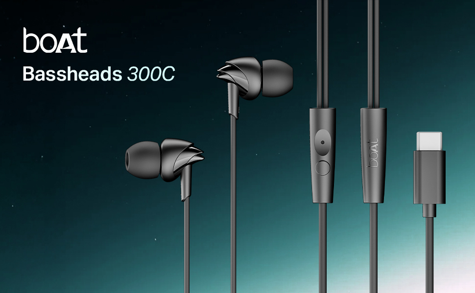 boAt Bassheads 300C Wired Earphones,Type-C Jack, 10mm Drivers, Signature Sound, in-Line Microphone, Integrated Controls, Voice Assistant & 120cm Cable (Active Black)