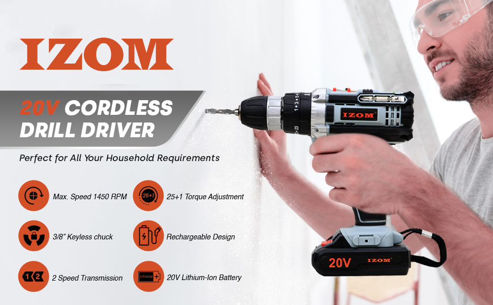 IZOM IZ-CDK-20V Cordless Drill Machine Kit With Multiple Torque Settings & A Keyless Chuck for Automatic Spindle Locking