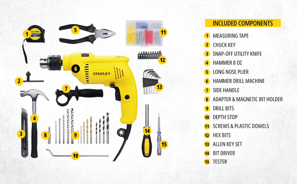 STANLEY SDH600KP-IN 600W 13mm CORDED HAMMER DRILL MACHINE & HAND TOOL KIT for Home, DIY & Professional Use (120-PIECES) - INCLUDES Hammer Drill,Plier,Hammer,Measuring Tape & Drill Bits,1Year Warranty