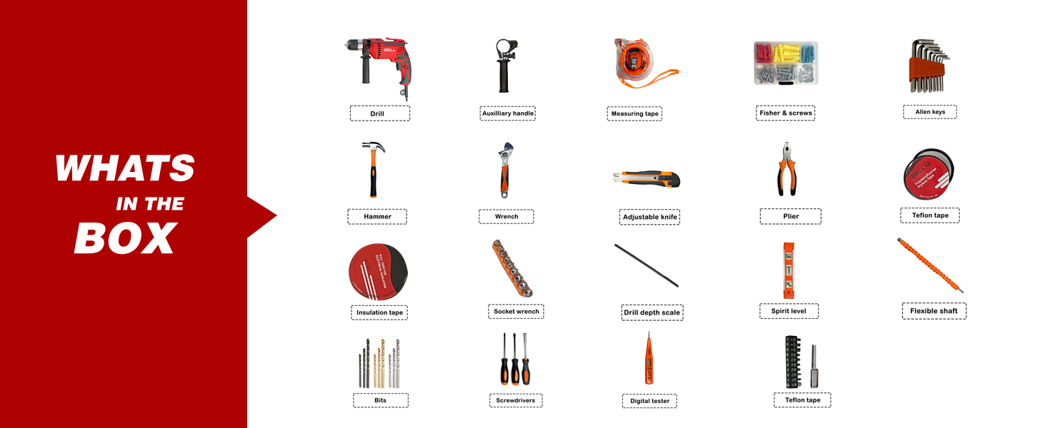 IBELL Professional Tool Kit with Impact Drill TD13-100 | 650W | Copper Armature | 13mm Keyless Auto Chuck | 2800 RPM | 115-Piece Home Essential Tools & Accessories | 24 Months Warranty