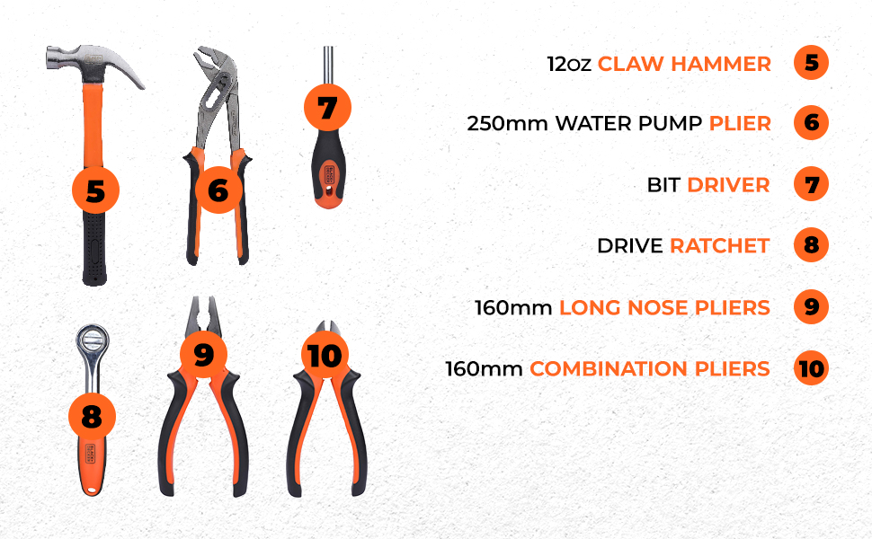 BLACK+DECKER BMT126C Hand Tool Kit for Home & DIY Use (126-Piece) - Includes Screwdriver, Wrench, Ratchet, Saw, Claw Hammer, Measuring Tape and Plier, ORANGE & BLACK