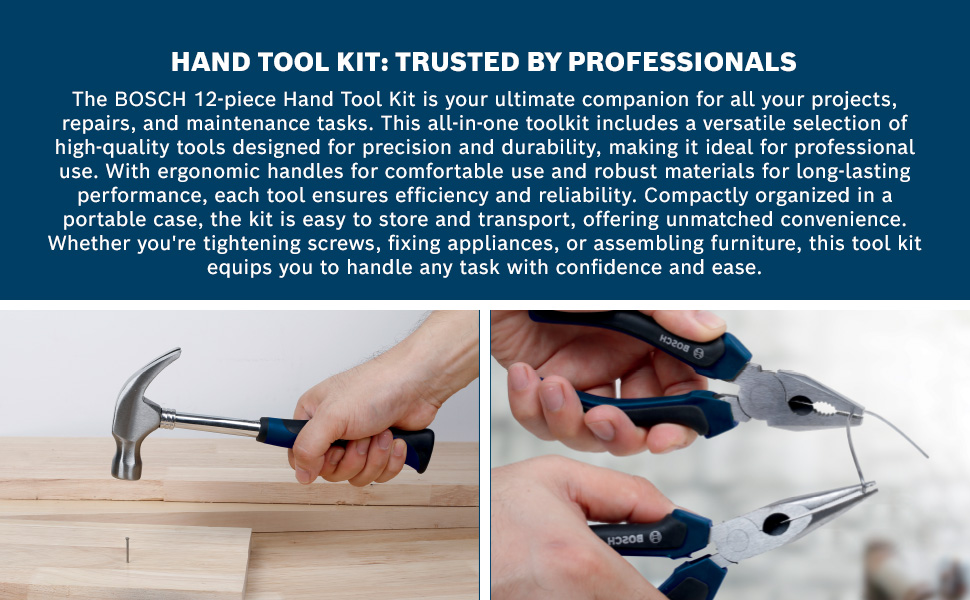BOSCH 12-Piece Hand Tool Kit for Home | Screwdriver, Plier, Wrench & More | Professional Precision Tools | Ergonomic & Rust-Resistant | Hard Case | Blue