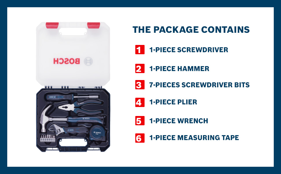 BOSCH 12-Piece Hand Tool Kit for Home | Screwdriver, Plier, Wrench & More | Professional Precision Tools | Ergonomic & Rust-Resistant | Hard Case | Blue