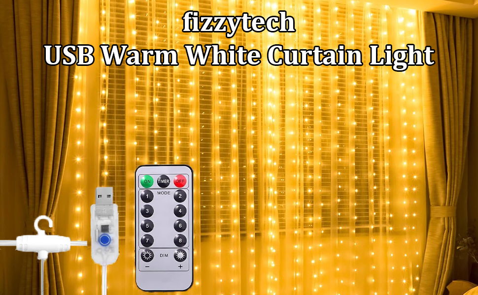 fizzytech USB Powered Waterfall Fairy Curtain String Lights, 3 x 3 Meter with 8 Lighting Modes for Window, Bedroom, Party, Diwali & Christmas Decoration - Warm White, 300 LED