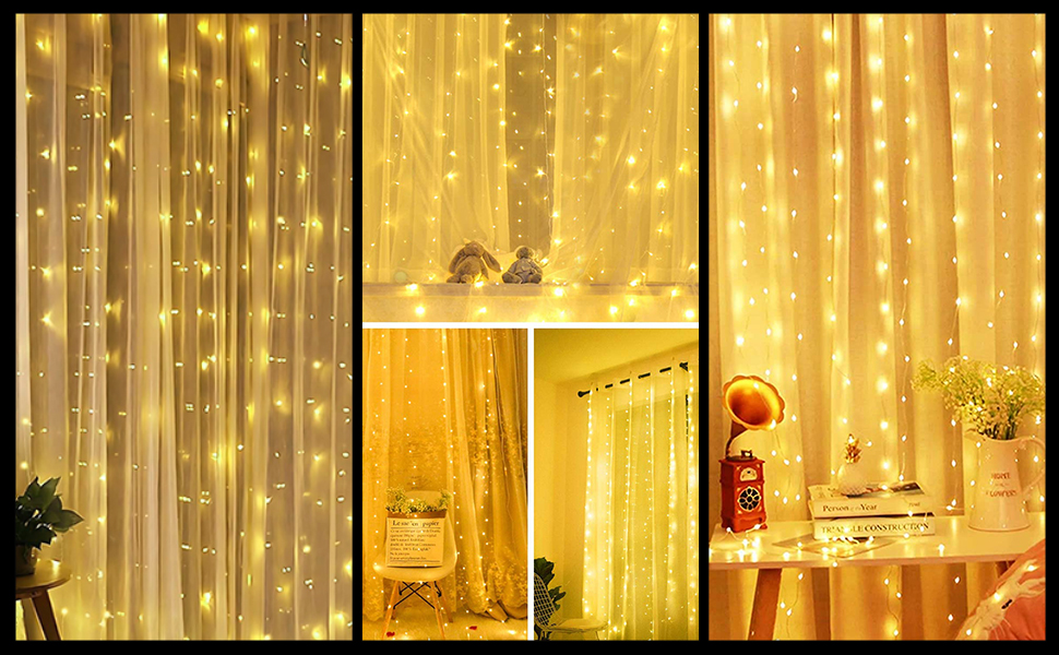 fizzytech USB Powered Waterfall Fairy Curtain String Lights, 3 x 3 Meter with 8 Lighting Modes for Window, Bedroom, Party, Diwali & Christmas Decoration - Warm White, 300 LED