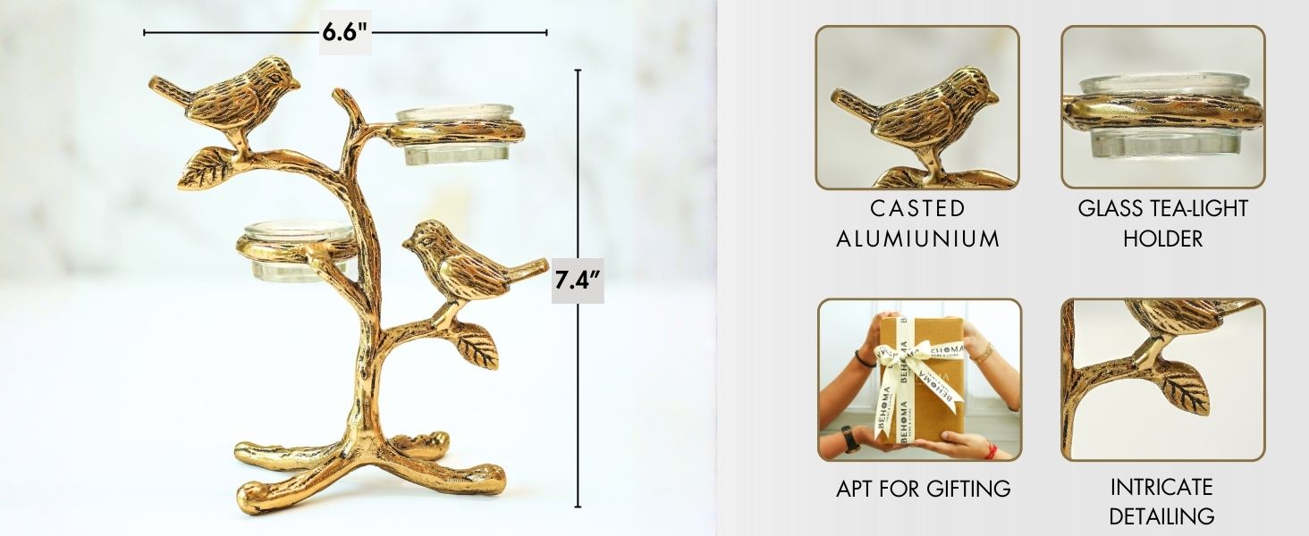 BEHOMA Metal Romantic Love Birds Tree Candle Valentine’s Day, Gold