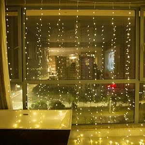 fizzytech USB Powered Waterfall Fairy Curtain String Lights, 3 x 3 Meter with 8 Lighting Modes for Window, Bedroom, Party, Diwali & Christmas Decoration - Warm White, 300 LED
