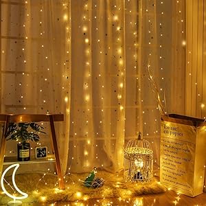 fizzytech USB Powered Waterfall Fairy Curtain String Lights, 3 x 3 Meter with 8 Lighting Modes for Window, Bedroom, Party, Diwali & Christmas Decoration - Warm White, 300 LED