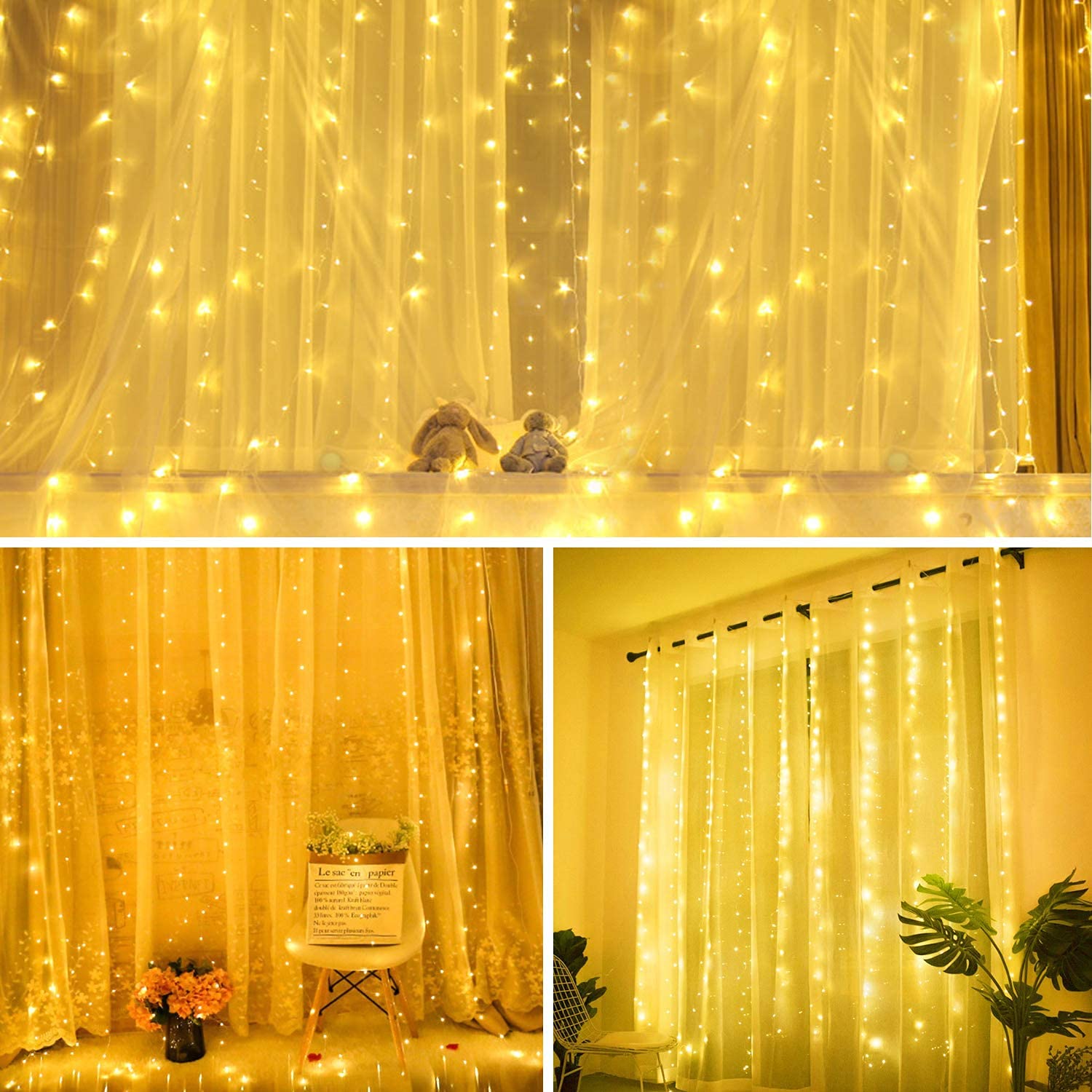 fizzytech USB Powered Waterfall Fairy Curtain String Lights, 3 x 3 Meter with 8 Lighting Modes for Window, Bedroom, Party, Diwali & Christmas Decoration - Warm White, 300 LED