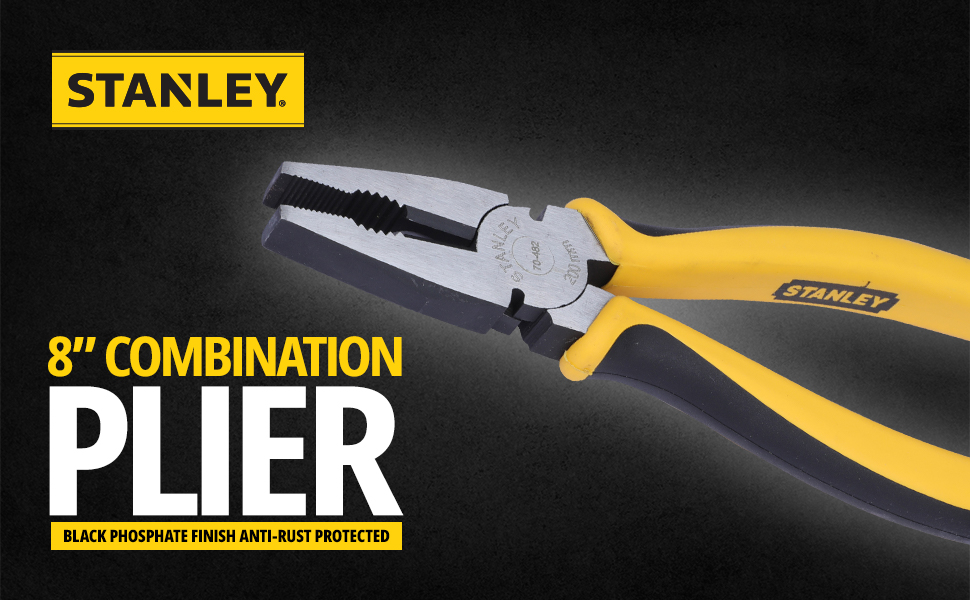 STANLEY 70-482 8'' Sturdy Steel Combination Plier Double Color Sleeve, Anti-Rust, Black Phosphate Finish, Material: C45, Full Body Hardened, Used for Gripping, Twisting, Bending and Wire Cutting