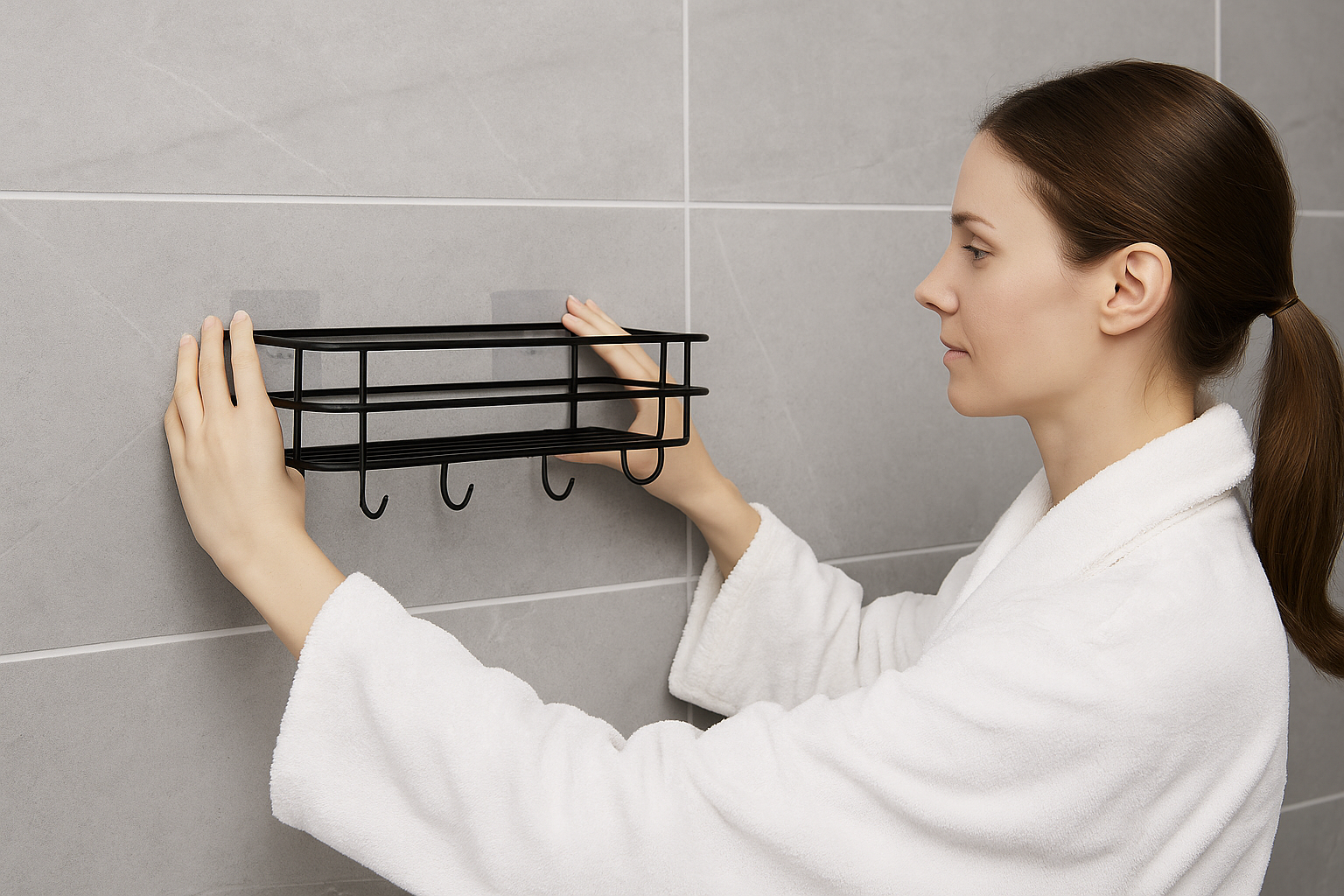 RERANT Self-Adhesive Bathroom Shelf with Hooks - Space-Saving Wall Mounted Shelf for Bathroom Essentials - Durable, No-Drill Required - Sleek Design. (Pack of 1)