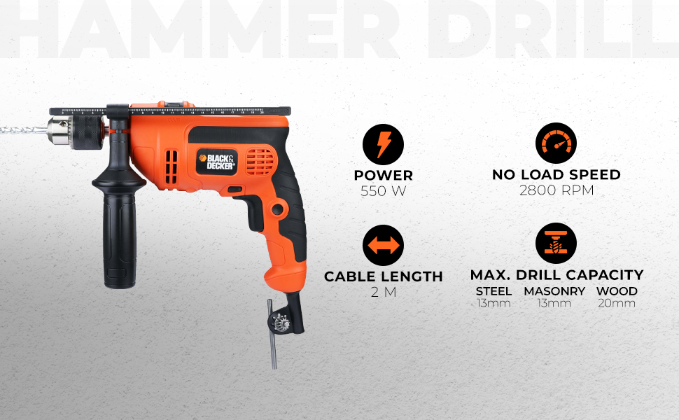 BLACK+DECKER KR554RE-IN 550W, 13mm CORDED Variable Speed Reversible IMPACT HAMMER DRILL with Lock-On Button & 4 Drill Bits, 2m Cable Length, Ideal For Home & DIY Use for Masonry, Steel & Wood, ORANGE