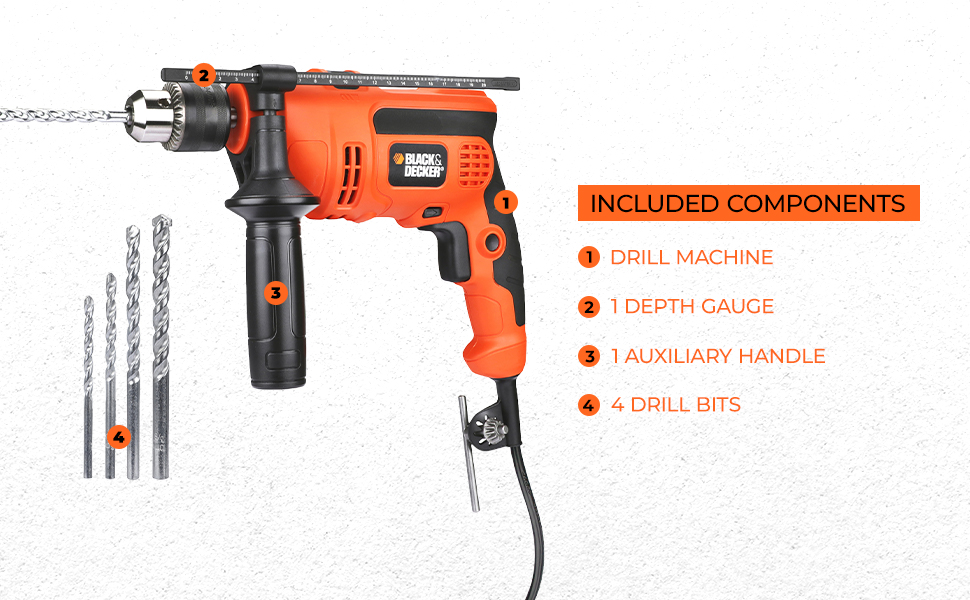 BLACK+DECKER KR554RE-IN 550W, 13mm CORDED Variable Speed Reversible IMPACT HAMMER DRILL with Lock-On Button & 4 Drill Bits, 2m Cable Length, Ideal For Home & DIY Use for Masonry, Steel & Wood, ORANGE