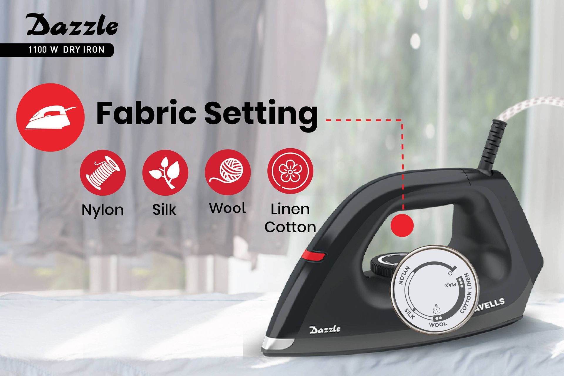 Havells Dry Iron Dazzle 1100 Watts, Iron Press, Greblon Non Sick Soleplate with German Technology| Shock Proof Body| Aerodynamic Design, 360° Swivel Cord|2 Years Door Step Warranty by Havells (Black)