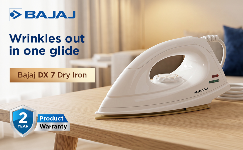 Bajaj DX-7 1000 Watts Dry Iron | Advance Soleplate And Anti-Bacterial German Coating Technology | Light Weight Iron | Thermal Safety Fuse | 360 Degree Swivel Cord | 2-Yrs Warranty 【White】