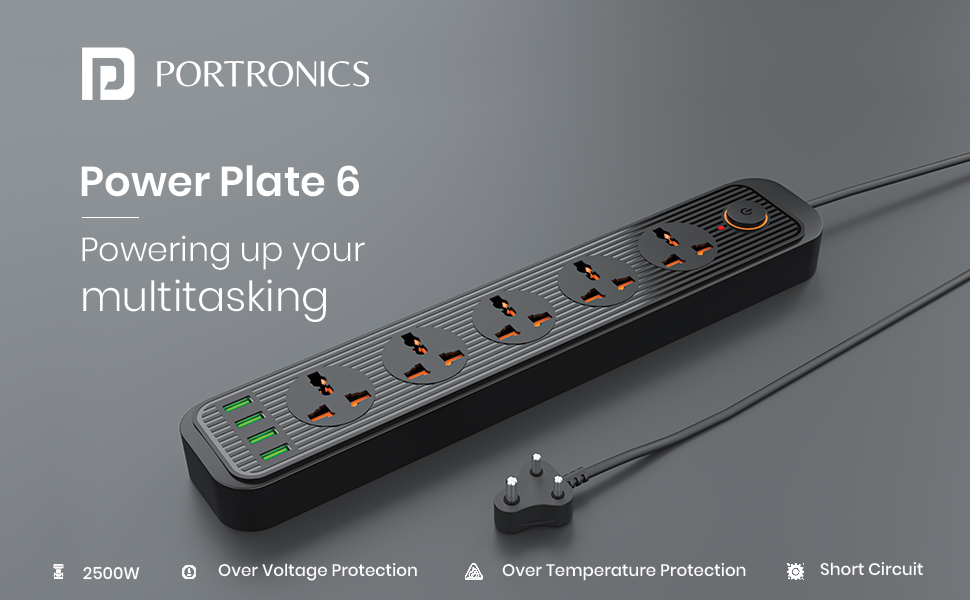 Portronics Power Plate 6 with 4 USB Port + 5 Power Sockets Extension Board, 2500W Power Converter, Cord Length 2Mtr (Black)