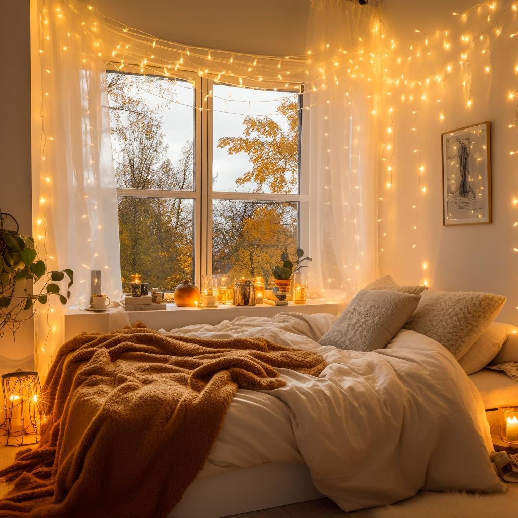 fizzytech Waterfall Fairy Curtain String Lights, 10 x 10 Feet with 8 Lighting Modes for Window, Bedroom, Party, Diwali, Christmas & Home Decoration - Warm White, 120 LED