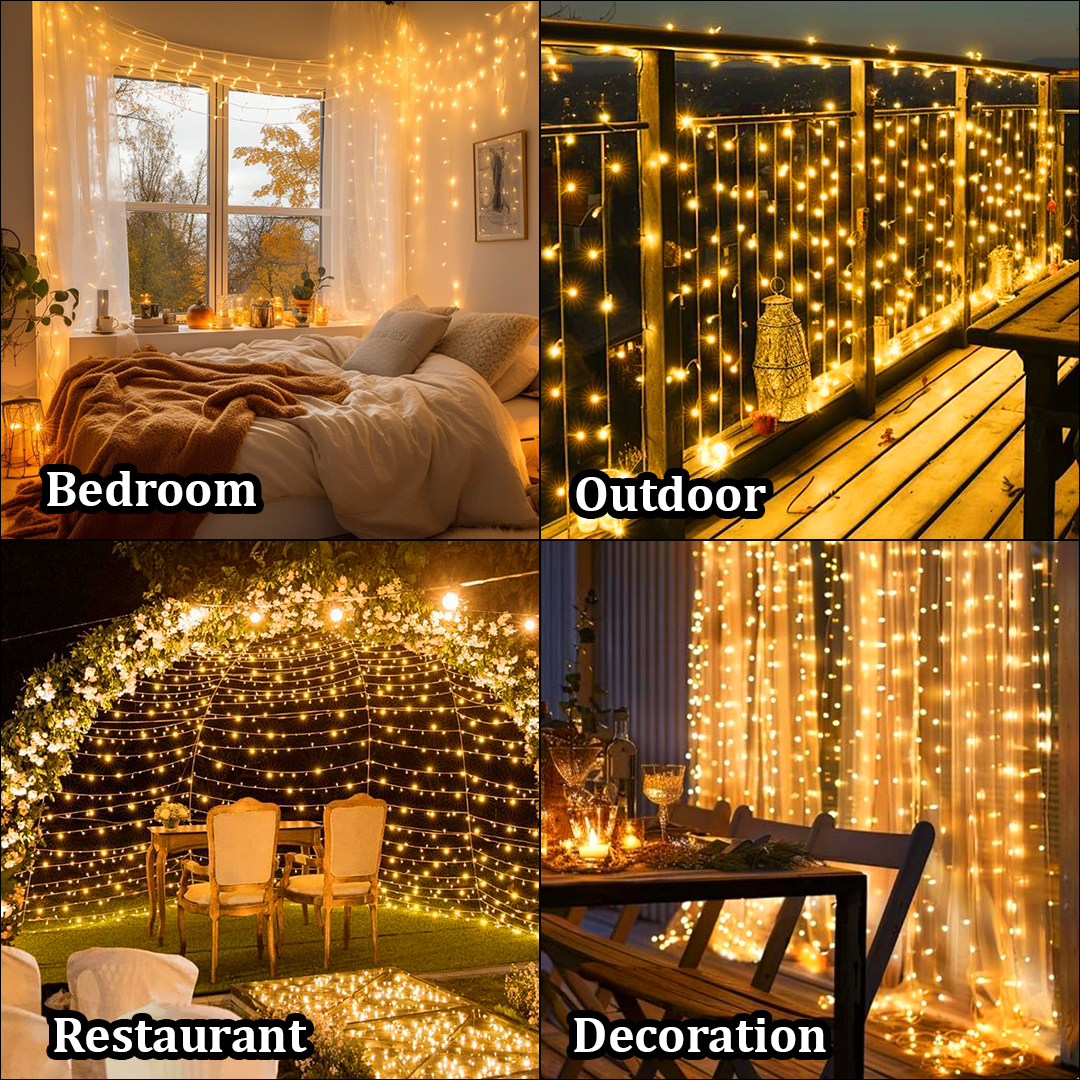 fizzytech Waterfall Fairy Curtain String Lights, 10 x 10 Feet with 8 Lighting Modes for Window, Bedroom, Party, Diwali, Christmas & Home Decoration - Warm White, 120 LED
