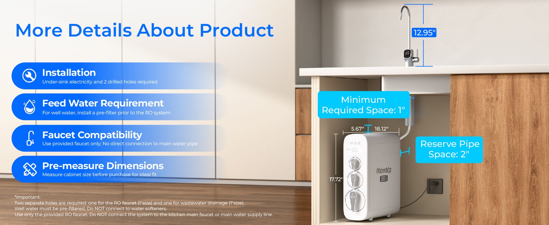 Waterdrop G3P800 Tankless Reverse Osmosis Water Filter System, 800 GPD