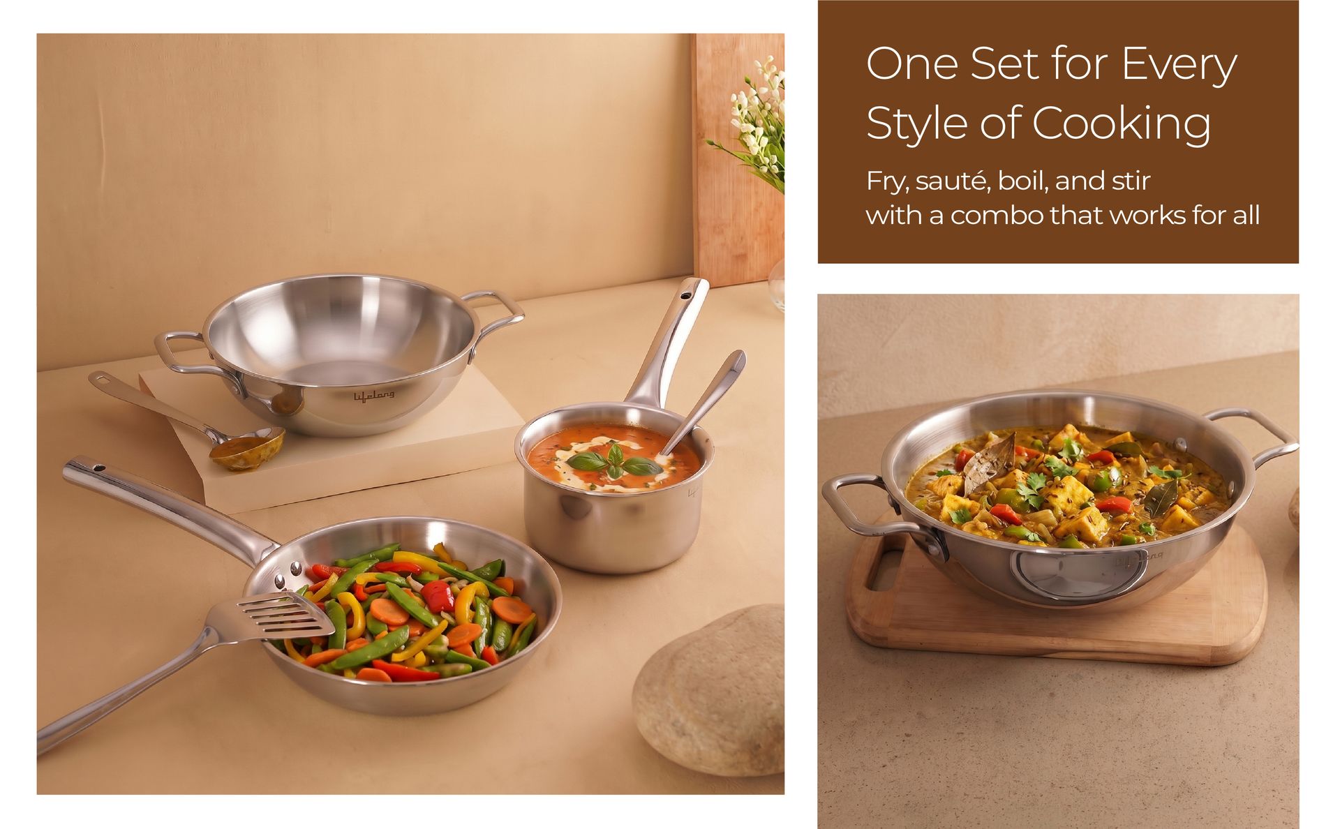 Lifelong Triply 3-piece cookware Set | Kadai, Frypan & Saucepan for Cooking | Stainless Steel 22 cm Kadai & Fry Pan 22 cm | 14 cm Sauce Pan | Induction Bottom & Gas Stove Cookware (LLTP3PCS)