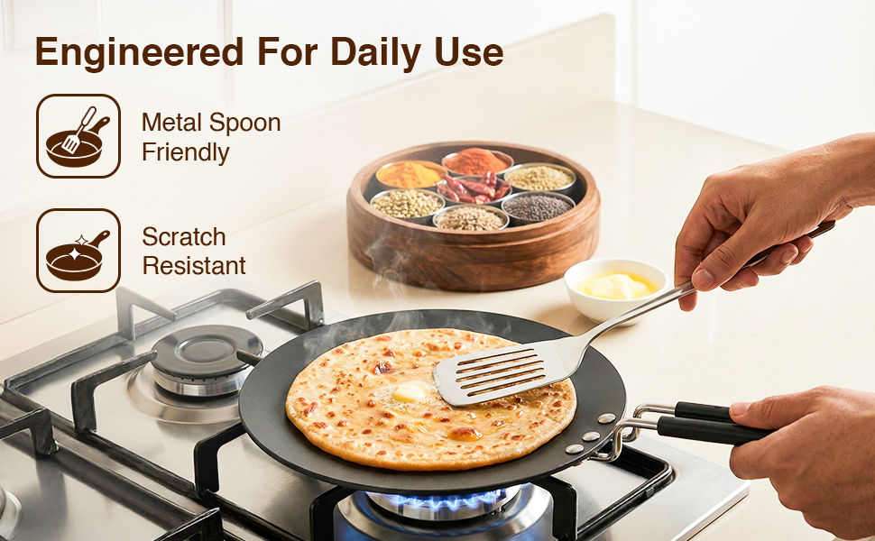 Prestige Hard Anodised Roti Tawa 22.5 cm | Thick Base (4 mm) | Gas & Induction Compatible | Metal Spoon Friendly | Stay Cool Handle | Wide Base | 2Y Warranty | ISI