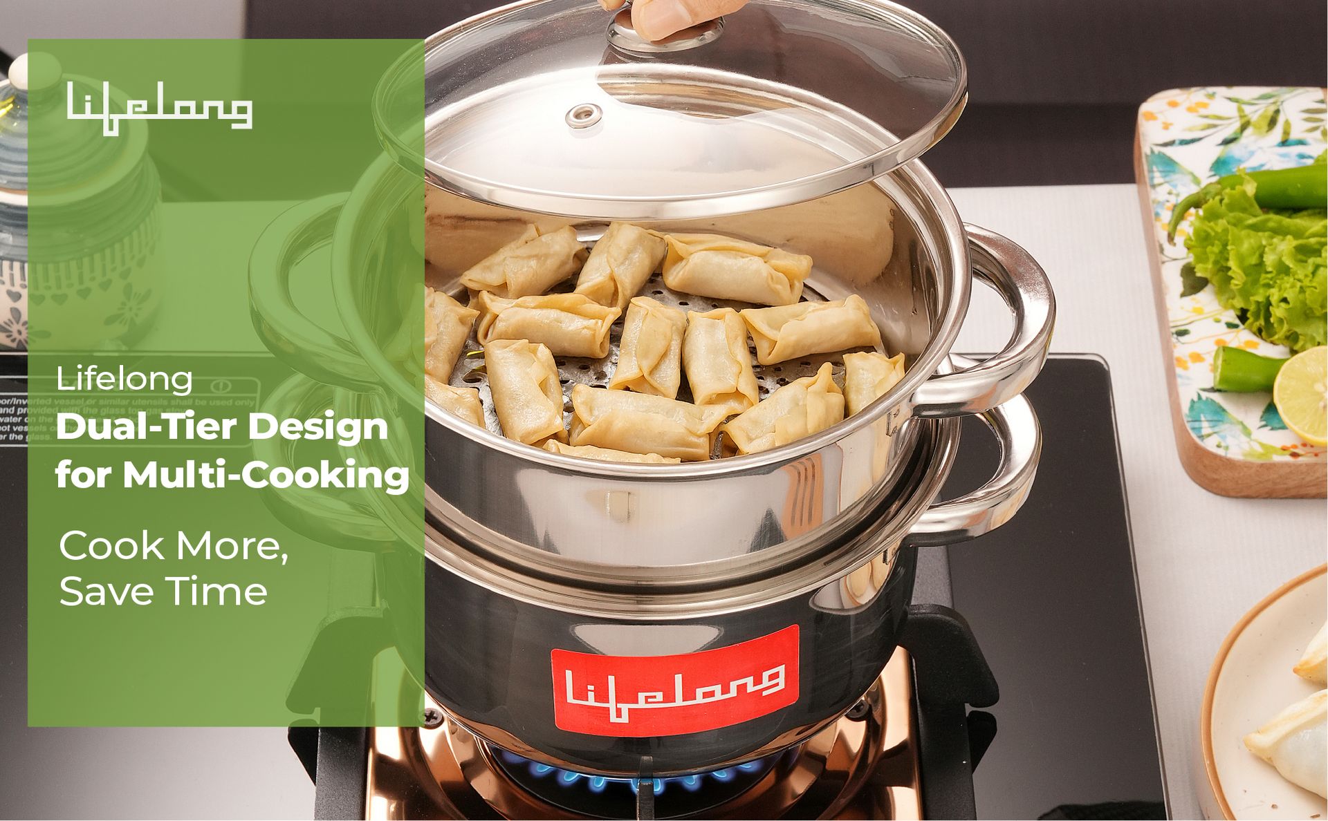 Lifelong 2-Tier Steamer/Momo/Modak Maker | Induction Compitable with Glass Lid & Riveted Handles | 20 cm Stainless Steel Multi-Purpose Cooking Steamer (LLMOM01) 2 Litre
