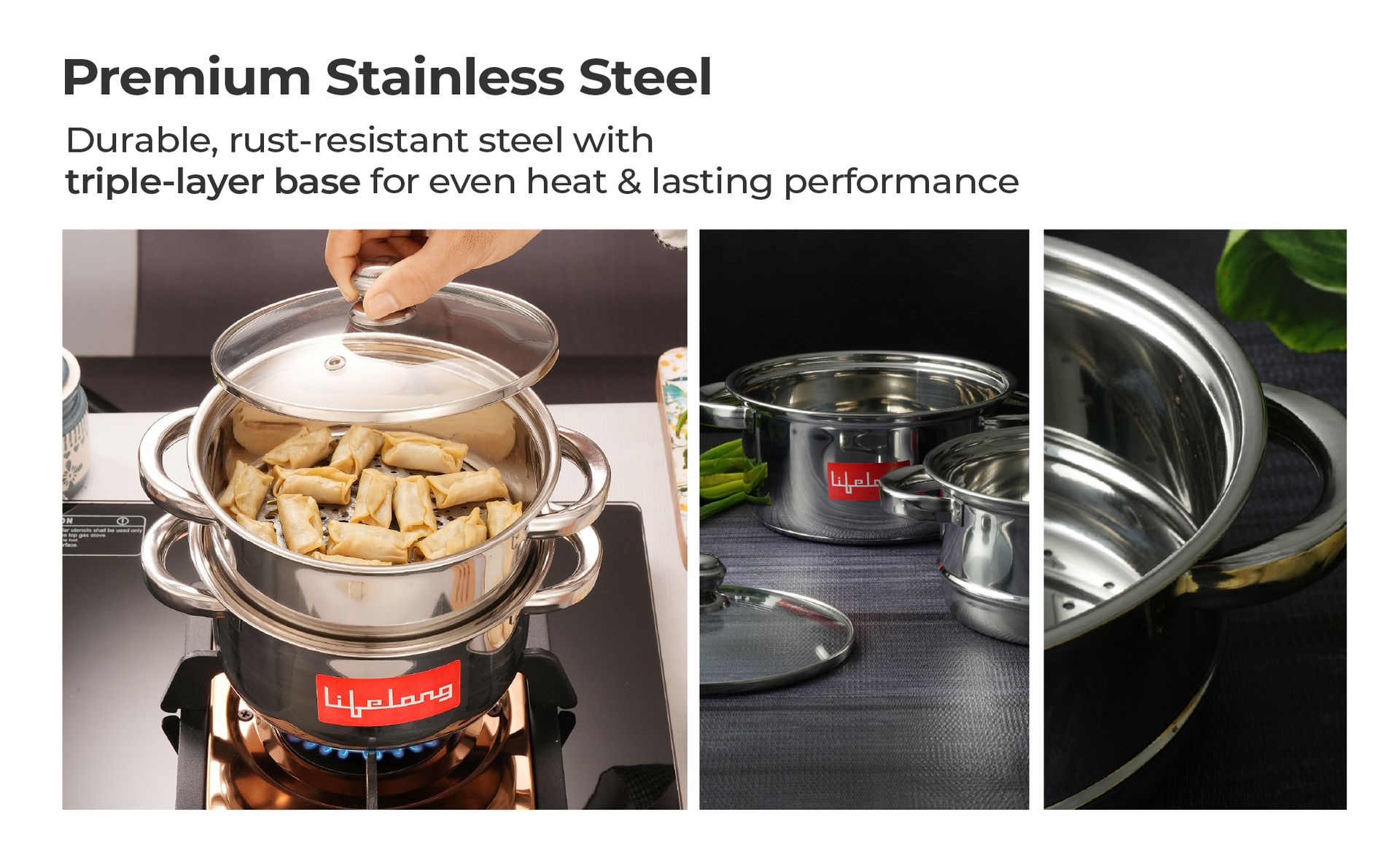 Lifelong 2-Tier Steamer/Momo/Modak Maker | Induction Compitable with Glass Lid & Riveted Handles | 20 cm Stainless Steel Multi-Purpose Cooking Steamer (LLMOM01) 2 Litre