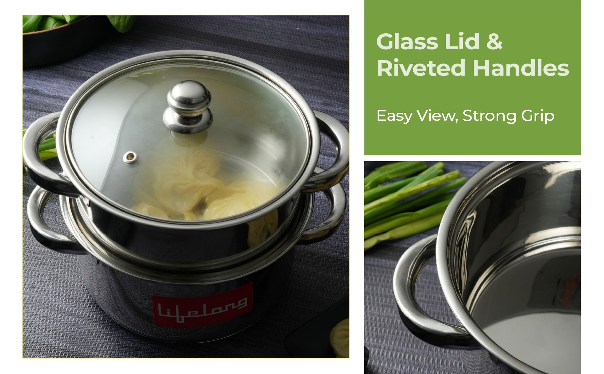 Lifelong 2-Tier Steamer/Momo/Modak Maker | Induction Compitable with Glass Lid & Riveted Handles | 20 cm Stainless Steel Multi-Purpose Cooking Steamer (LLMOM01) 2 Litre