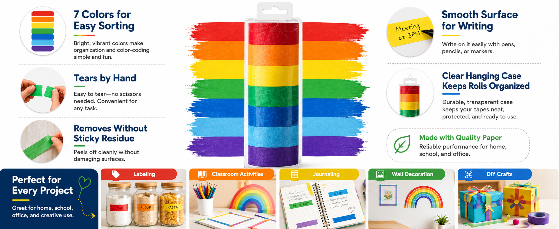 Colored Masking Tape 1 Inch, 7 Rolls, Colorful Tape for Crafts.