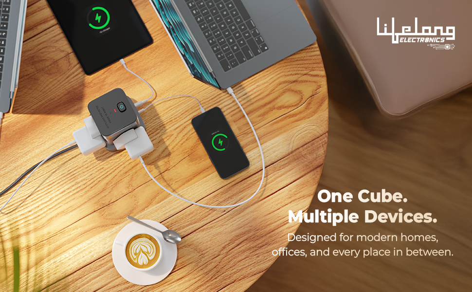 Lifelong Electronics Extension Board 7-in-1 with Switch | 4 AC Sockets + 3 USB Ports (2 Type A + 1 Type C) | Overload Protection | Desk Accessories & Multiplug Gadget | 2M Cord (Model: Cube)