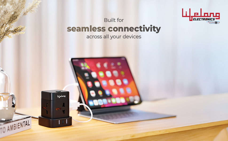 Lifelong Electronics Extension Board 7-in-1 with Switch | 4 AC Sockets + 3 USB Ports (2 Type A + 1 Type C) | Overload Protection | Desk Accessories & Multiplug Gadget | 2M Cord (Model: Cube)