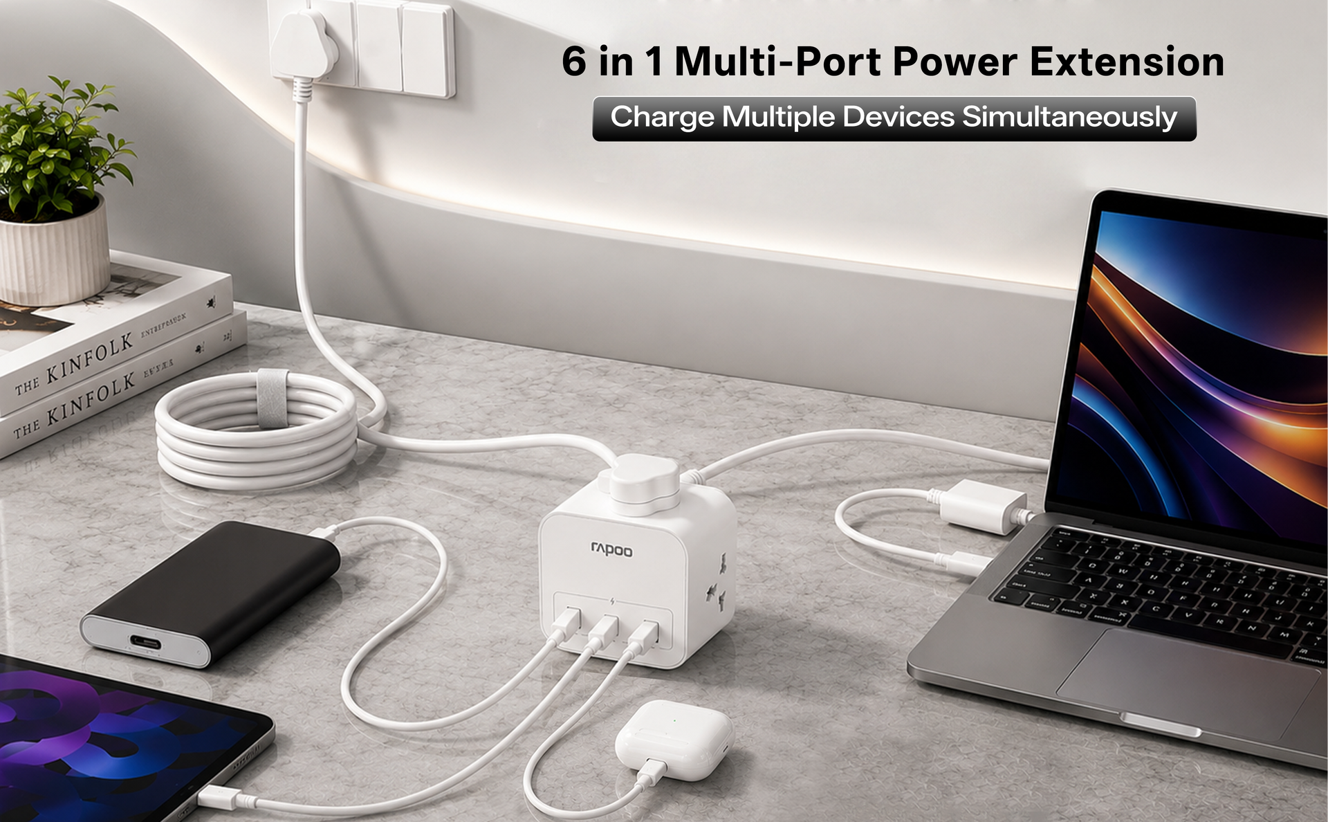 Rapoo SP30 6in1, Heavy Duty Power Extension, 3 AC Socket, 2 USB A, 1 Type C