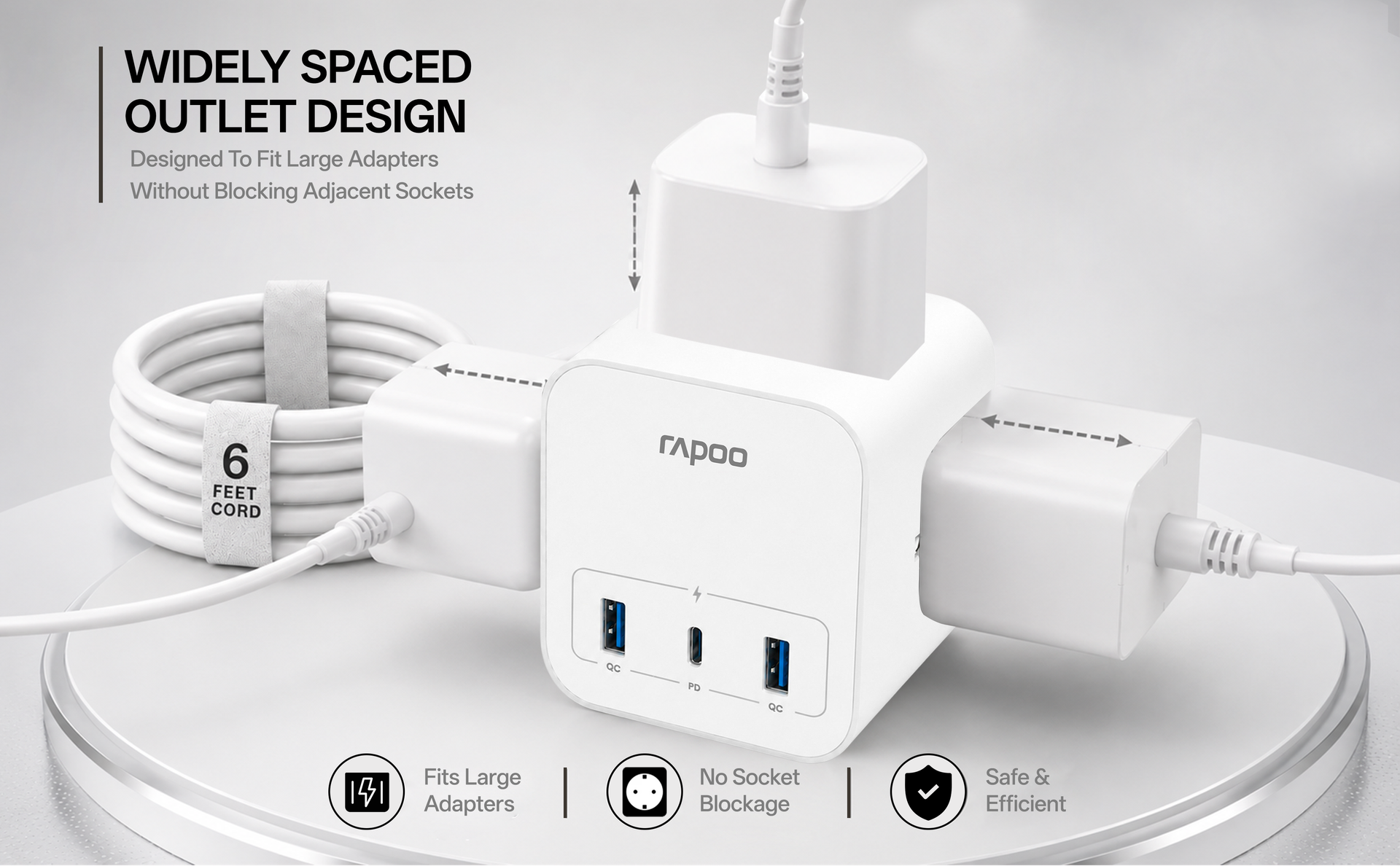 Rapoo SP30 6in1, Heavy Duty Power Extension, 3 AC Socket, 2 USB A, 1 Type C