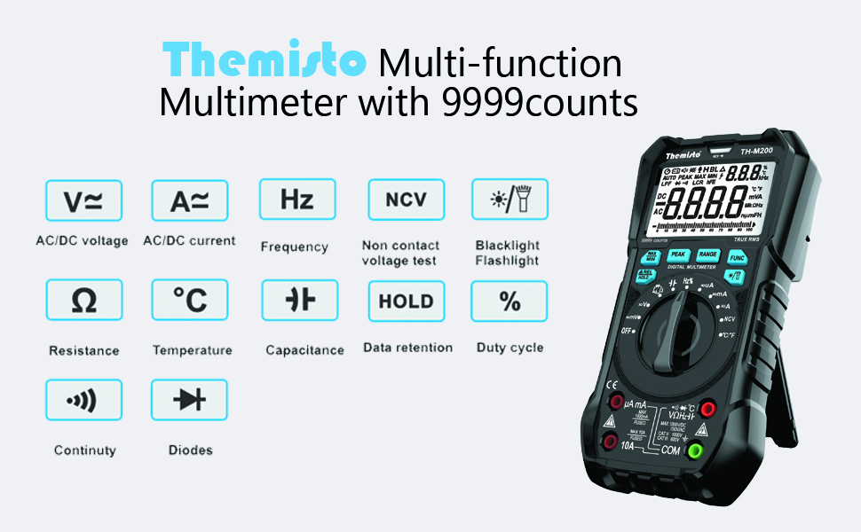 Themisto TH-M200 AC/DC Current, True RMS Digital Multimeter | 9999 Counts |10A | Black