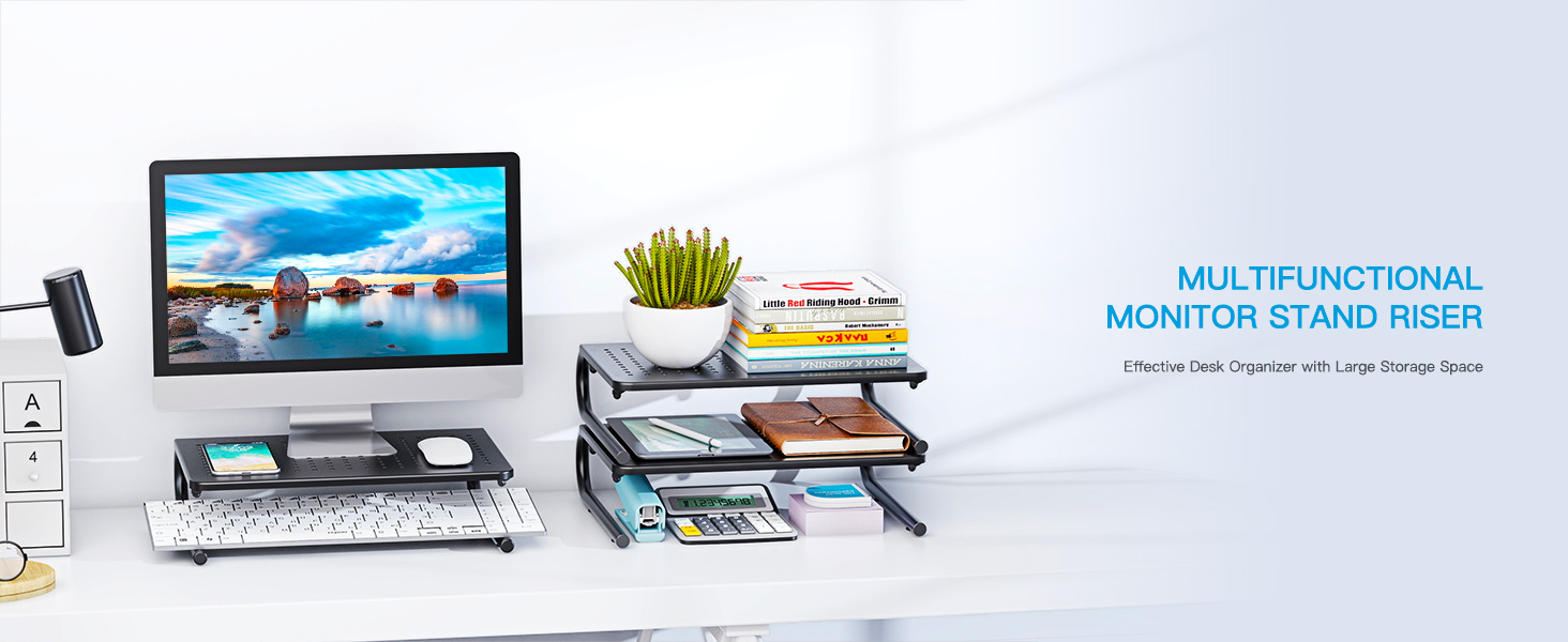 HUANUO Monitor Riser for Desk, Laptop Stand with Vented Steel Shelf, Black