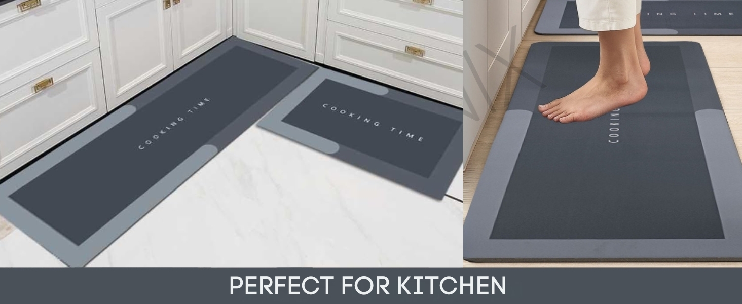 VERVENIX 2 Pcs Kitchen Mats Set – Waterproof Memory Foam Anti-Fatigue Mat Non-Slip Rug for Kitchen, Sink, Laundry & Home Office – 120x40 cm + 40x60 cm (Cooking Time Design)