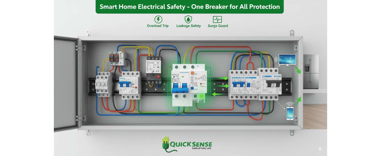 Quick Sense QS-CB01 Circuit Breaker 63A Double Pole with Leakage Protection | Overload, Short Circuit and Surge Protection | AC 230-400V DIN Rail Breaker for Home, Office, Shop and Industry