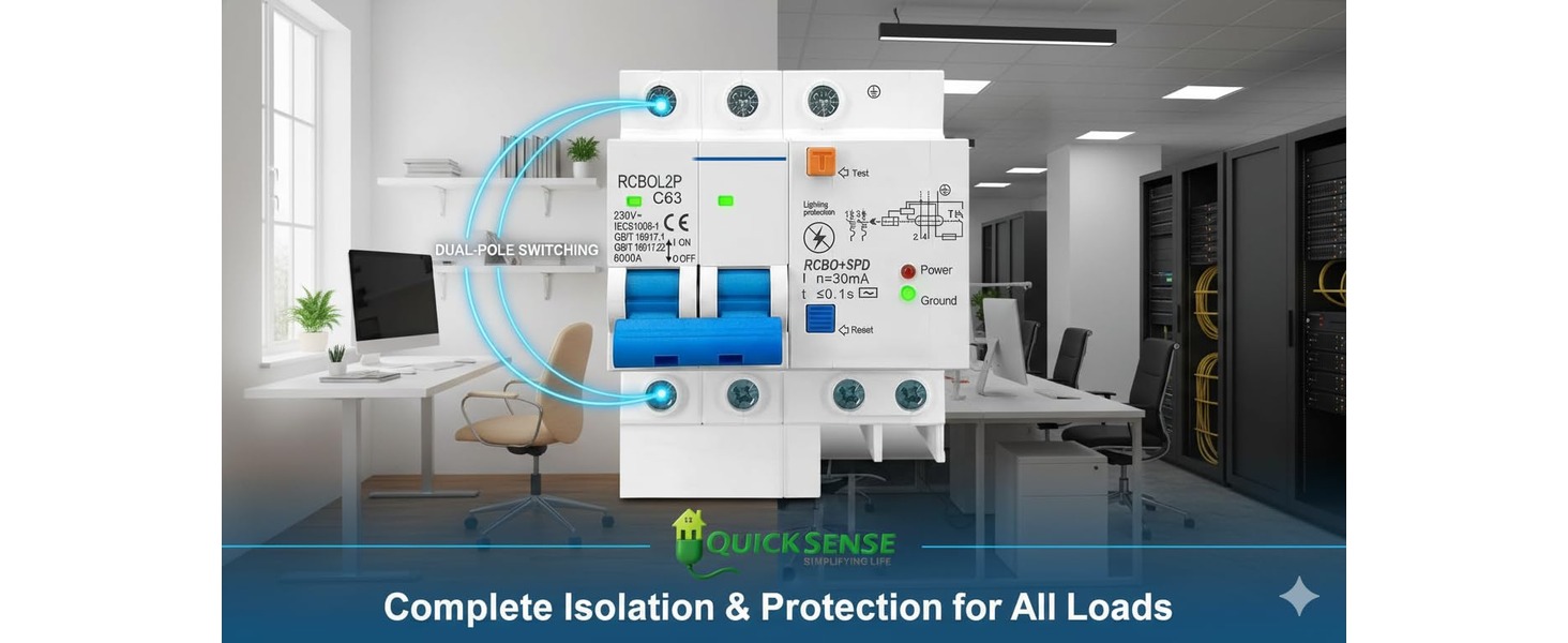 Quick Sense QS-CB01 Circuit Breaker 63A Double Pole with Leakage Protection | Overload, Short Circuit and Surge Protection | AC 230-400V DIN Rail Breaker for Home, Office, Shop and Industry