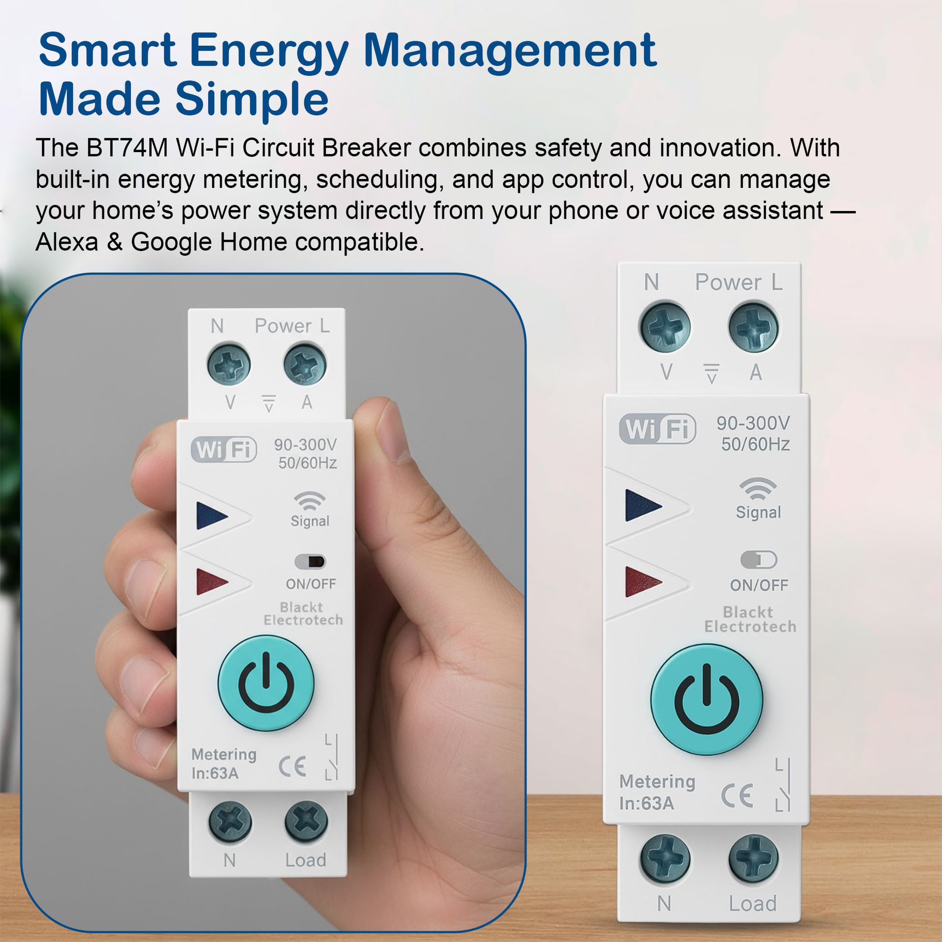 Blackt Electrotech BT74M 63A Wi-Fi Circuit Breaker with Energy Metering | 90-250V DIN Rail Mount | Remote Control, Timer, & Power Monitoring | Compatible with Smart Life, Alexa & Home