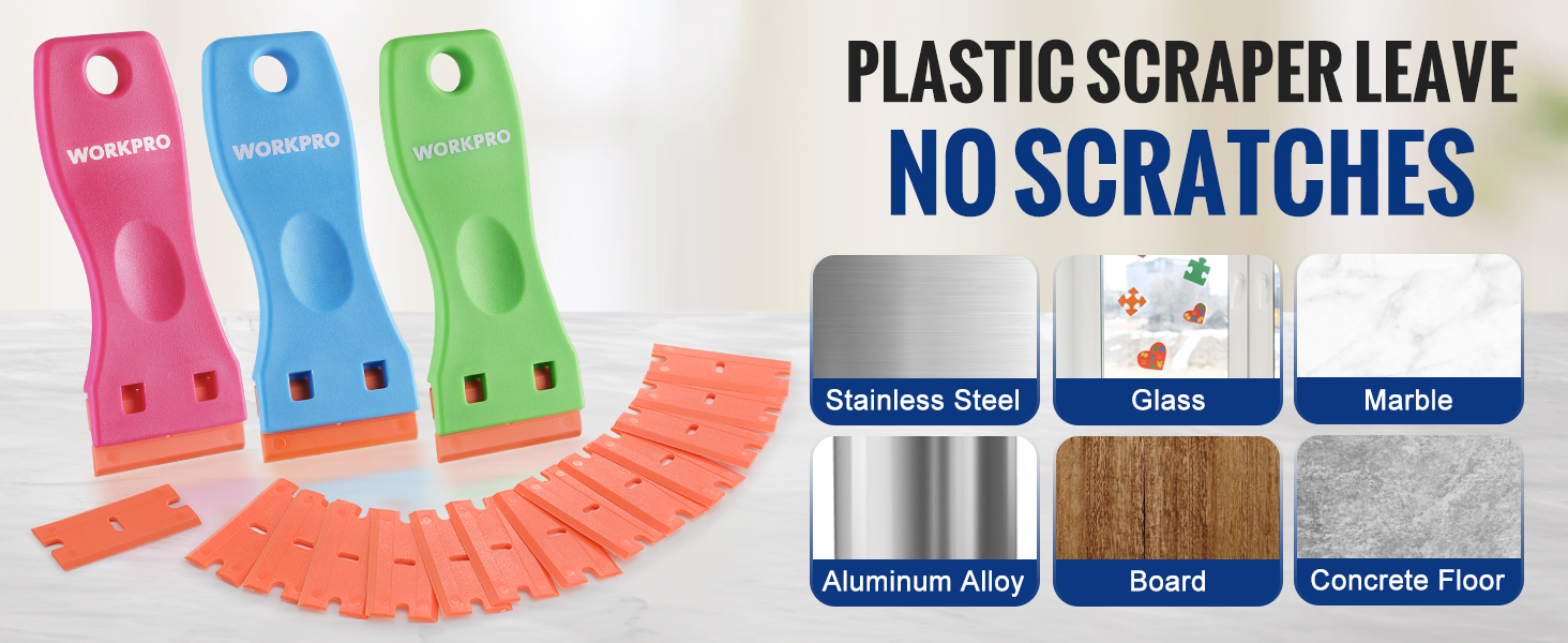 WORKPRO Plastic Razor Blade Scraper Kit, 3 Scrapers with 120 Blades