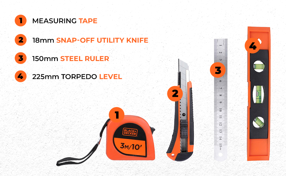 BLACK+DECKER BMT154C Hand Tool Kit for Home & DIY Use (154-Piece) - Includes Screwdriver, Wrench, Ratchet, Utility Knife, Saw, Claw Hammer, Measuring Tape and Plier, ORANGE & BLACK