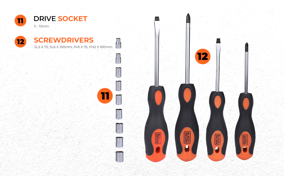 BLACK+DECKER BMT154C Hand Tool Kit for Home & DIY Use (154-Piece) - Includes Screwdriver, Wrench, Ratchet, Utility Knife, Saw, Claw Hammer, Measuring Tape and Plier, ORANGE & BLACK
