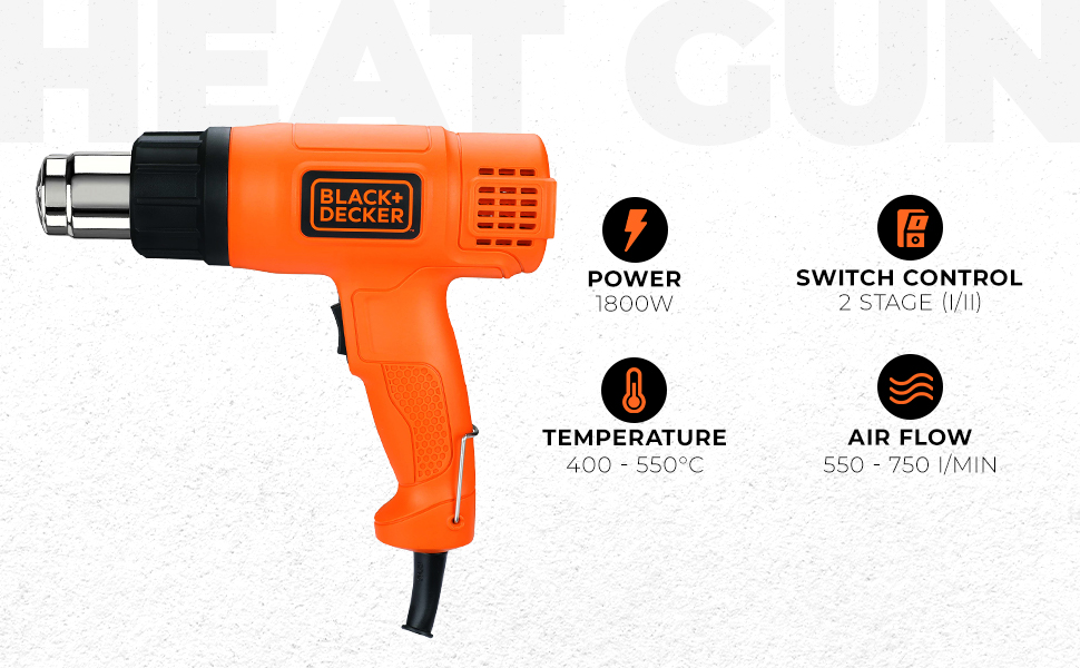 BLACK+DECKER KX1800-B1, 1800 W, Dual Temperature High Speed Corded Heat Gun for Removing & Drying Paint Coats, Remelting Adhesives & Shrink Wrapping, 3 Metre Cable, Orange & Black