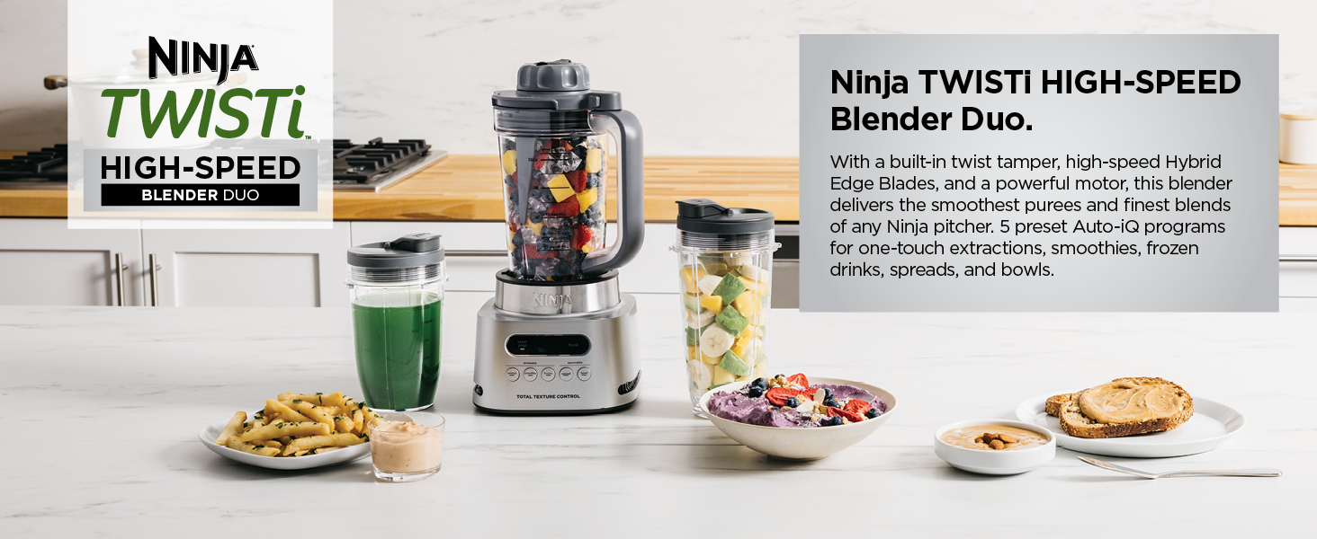Ninja SS151 TWISTi Blender DUO, High-Speed 1600 WP Smoothie Maker & Nutrient Extractor* 5 Functions Smoothie, Spreads & More, smartTORQUE, 34-oz. Pitcher & (2) To-Go Cups, Gray