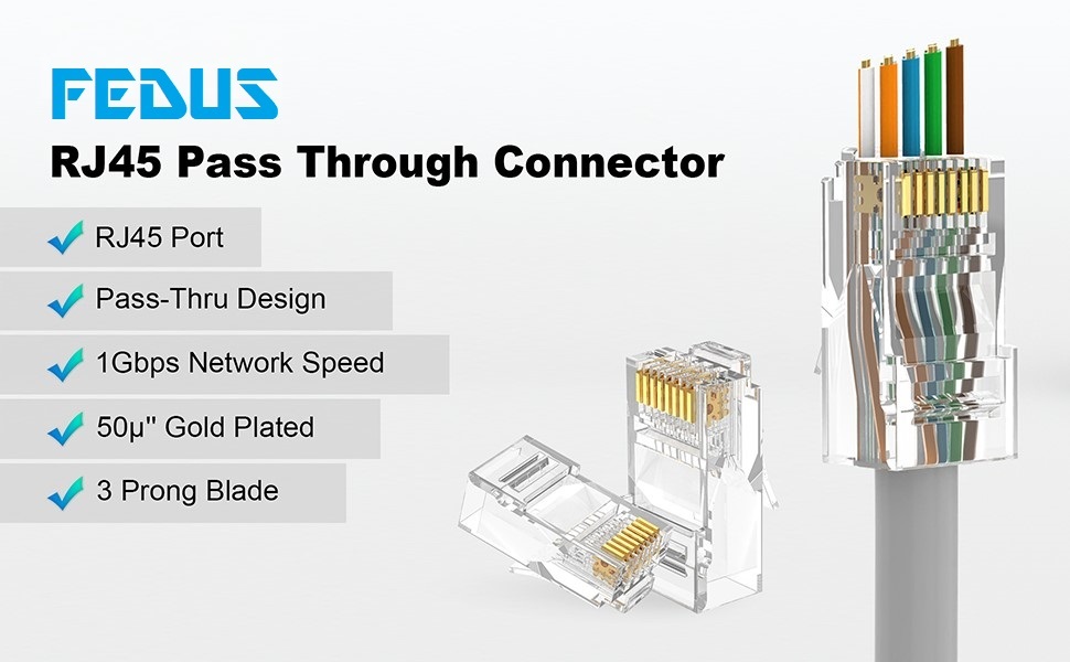 FEDUS RJ45 Cat6 Pass-Through Connector RJ45 Ends, Cat5, Cat5e, Cat6 8P8C RJ45 Connector, Ethernet Cable Crimp Connectors UTP Network Plug Solid Wire and Standard Cable, LAN Crimp (PACK OF 40)